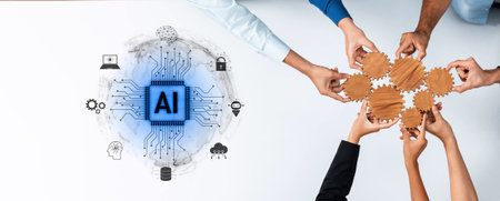 A visually engaging representation of teamwork and innovation in artificial intelligence, showcasing diverse hands collaborating around gears and a digital brain symbolizing advanced technology.の写真素材
