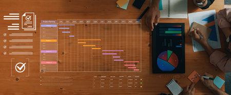 A project management dashboard for business. The interface features a Gantt chart to visualize the project timeline, task scheduling, and overall progress for efficient workflow.の写真素材