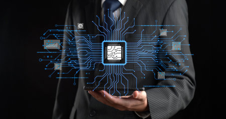 Human interact with AI artificial intelligence brain processor in concept of AI artificial intelligence engineering, big data and AI machine learning to use generative AI for business support. EIDEの写真素材