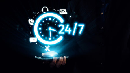 A professional individual holds a smartphone showcasing a glowing 24 hour service concept...