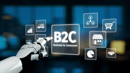 A robotic hand interacts with a digital interface showing business to consumer concepts, highlighting e-commerce elements for innovative marketing and user engagement. Synapseの写真素材