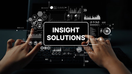 Hands on Keyboard with Digital Graphics Displaying Insight Solutions and Analytical Data Visualizations in a Modern Workspace. Asymptotic smart data analytic.の写真素材