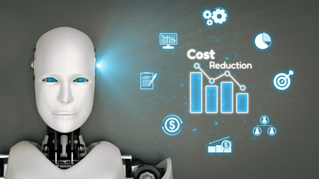 AI artificial intelligence drives cost-saving initiatives via process automation, virtual resource tracking, and intelligent systems for optimized financial performance.の写真素材