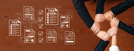 A concept of the tax compliance process. This shows the auditing and verification of various financial documents and forms to ensure regulatory adherence for business accounting.の写真素材