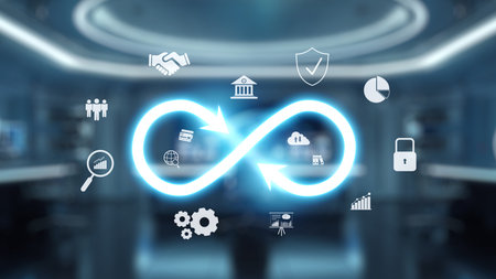 Visual representation of an infinite loop featuring various business icons that symbolize growth,...