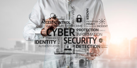 A businessman interacts with a digital tablet featuring cyber security graphics, illustrating the...
