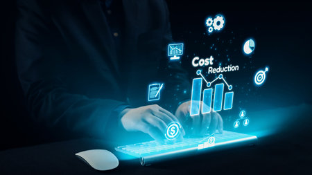 A businessman engages with a futuristic digital keyboard, surrounded by interactive cost reduction...