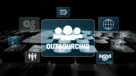 Outsourcing concept showing collaboration, delegation, global workforce, productivity, and task management through remote teams and external service providers.の写真素材