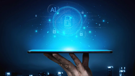 AI cyber security system using biometric authentication and privacy control. Cyber security protects identity, cybersecurity detects threats, cybersecurity ensures safety, and secures data.の写真素材