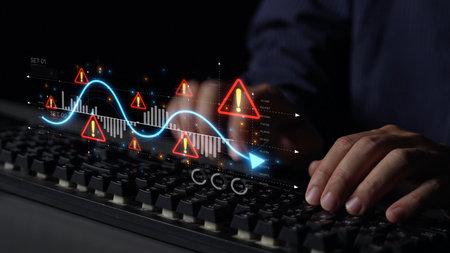 Economic caution visual showing risk alerts and financial volatility. Warning signs highlight economic downturn, market risk, finance crisis, and uncertainty in data-driven analysis. Muxerの写真素材