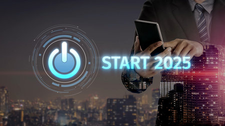 Start 2025 concept with futuristic power button symbolizing fresh beginnings, innovation, and...