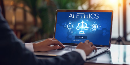 AI ethics responsibility standard law and rules on computer screen provide report of AI ethic transparency preventing technology crime. briskの素材