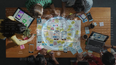 A vibrant scene showing a group of diverse individuals collaborating on digital projects, surrounded...