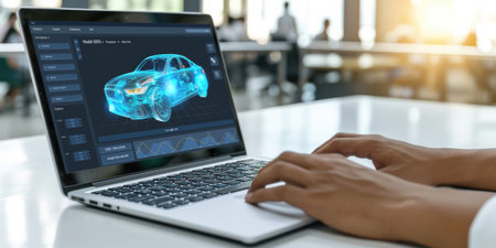 Electric car design software on computer screen showing simulation blueprint brisk by digital calculating application for manufacturing preparationの素材