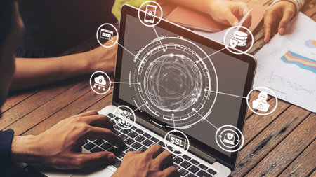 Data privacy and cyber security icons show encryption, data privacy safeguards, and cyber security...
