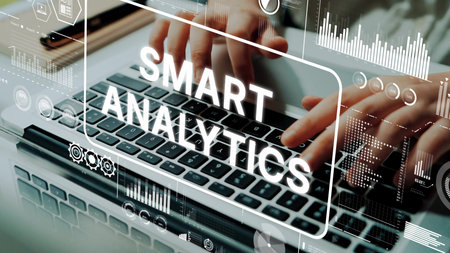 Innovative Smart Analytics Concept with Data Visualization and User Interaction on Laptop Keyboard. Asymptotic smart data analytic.の写真素材