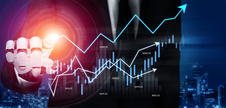 A businessman in a suit points at a rising chart, symbolizing growth and success in finance and investment within a sleek digital environment. Perfect for finance-related content.の写真素材