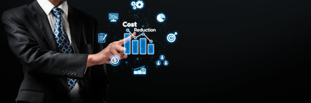Cost reduction, cost saving concept shown by digital graphic EIDE overlays, corporate business...