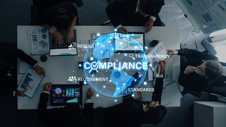 Professionals engage in a collaborative discussion on compliance and regulation at a modern office...