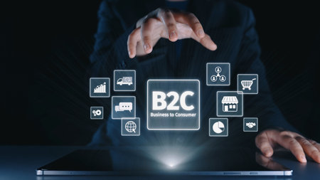 B2C strategy focuses on delivering products directly to consumers. A successful B2C model enhances consumer engagement, streamlines logistics, and boosts consumer satisfaction through digital retail.の写真素材