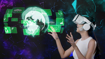 A woman interacts with a virtual reality interface, highlighting sustainable technologies and...