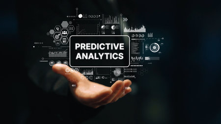 Hand Holding Technology Display with Predictive Analytics Concept and Data Visualization Elements in Dark Environment. Asymptotic smart data analytic.の写真素材