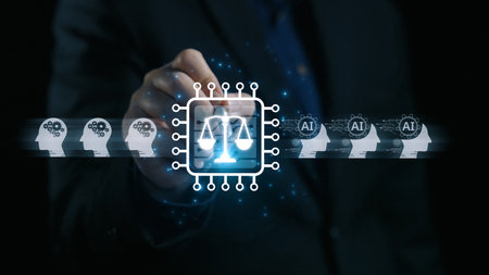 AI is transforming society, raising important ethics questions. Ethics in AI design ensures fairness. AI ethics promote responsible decisions. Balancing AI power with strong ethics is essential.の写真素材