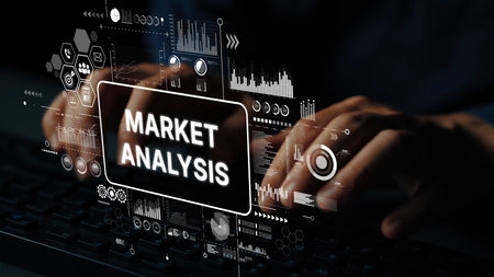 Business Professional Engaging in Market Analysis with Digital Data Visualizations on the Screen. Asymptotic smart data analytic.の写真素材