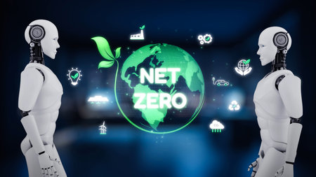 AI guides sustainability strategy with eco-intelligent tools and virtual assistants for achieving net zero goals and transforming digital business with green innovation.の写真素材