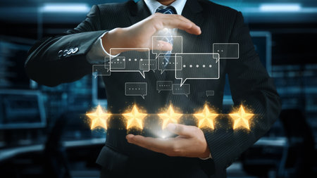 A businessman showcases a five-star rating surrounded by feedback bubbles, symbolizing customer satisfaction and quality assurance in a modern business environment.の写真素材