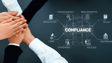 Diverse hands join together, symbolizing teamwork in compliance efforts, emphasizing the importance of regulations and governance in a business context. Rasterの写真素材