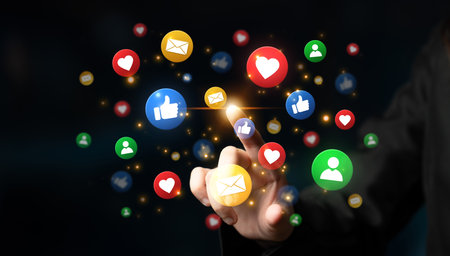 Concept of digital marketing and online communication. A network of user engagement is shown through social media feedback notifications which helps build a strong community.の写真素材