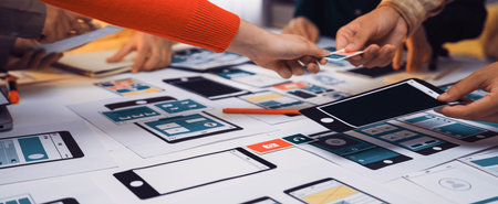 A diverse team collaborates on designing mobile app interfaces, surrounded by paper prototypes and wireframes, showcasing creativity and teamwork in a bright workspace.の写真素材