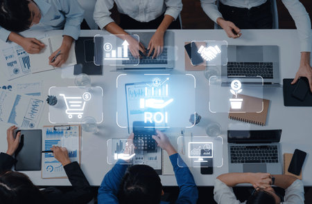 Concept of Return on Investment (ROI) for business. Analyzing financial performance and investment strategy to measure profit, growth, and the success of a marketing campaign.の写真素材