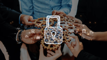Engaging teamwork showcasing hands working together with a lock symbol to highlight the importance...