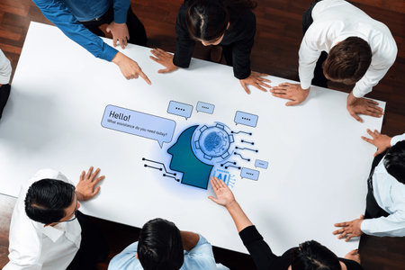 A diverse group of professionals engages in a collaborative meeting about artificial intelligence...