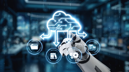 A robotic hand interacts with a digital cloud interface, symbolizing advanced technology, data...