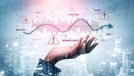 Economic caution visual showing risk alerts and financial volatility. Warning signs highlight economic downturn, market risk, finance crisis, and uncertainty in data-driven analysis. Splineの写真素材