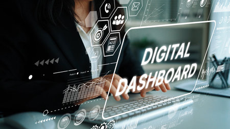 Professional working on a digital dashboard with tech graphics and intricate data analysis on a...