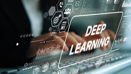 Focus on Deep Learning Concept with Data Analytics and Business Intelligence Themes on Keyboard Background. Asymptotic smart data analytic.の写真素材