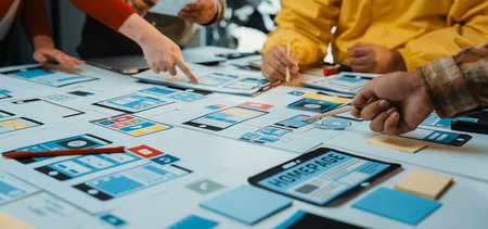 A collaborative workspace shows a diverse team engaged in user interface design. Various devices and notes spread out showcase brainstorming and innovative planning processes.の写真素材