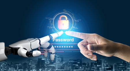 An AI assistant analyzes password strength in real-time during the user authentication process. This smart system provides immediate feedback to enhance account security.の写真素材