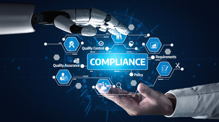A representation of compliance in technology featuring a human hand reaching out to a robotic hand, surrounded by digital icons symbolizing quality control and assurance. Tesselの写真素材