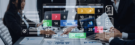 A digital calendar interface for business planning and organization. Used for scheduling events, managing tasks with checklists, and tracking important deadlines.の写真素材