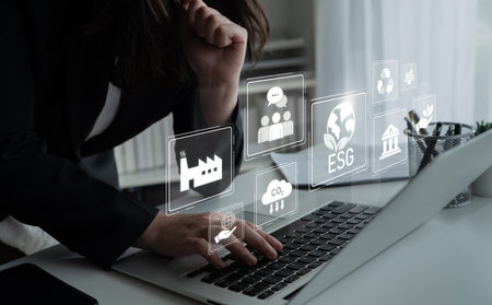 ESG principles guide sustainable business through environment, social, and governance. ESG enhances responsibility, transparency, and values.の写真素材
