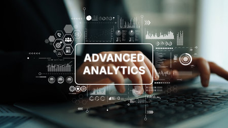 Person Working on Laptop with Advanced Analytics Graphics and Data Visualization Concepts in Modern Office Environment. Asymptotic smart data analytic.の写真素材