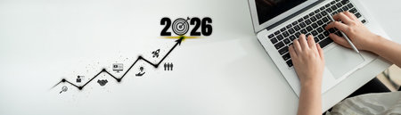 2026 business goal and growth strategy focuses on business, goal, and growth through roadmap, development, and team-driven achievement with future planningの写真素材