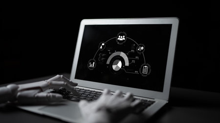 An AI assistant presents a project management dashboard with real-time data analysis. This smart business intelligence system visualizes workflow metrics and team performance.の写真素材