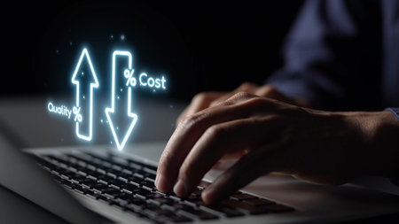 Business concept showing cost reduction and quality increase using Lean, Six Sigma, and Total...