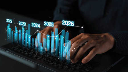 Business bar chart and line graph showing yearly business growth from 2022 to new year 2026,...